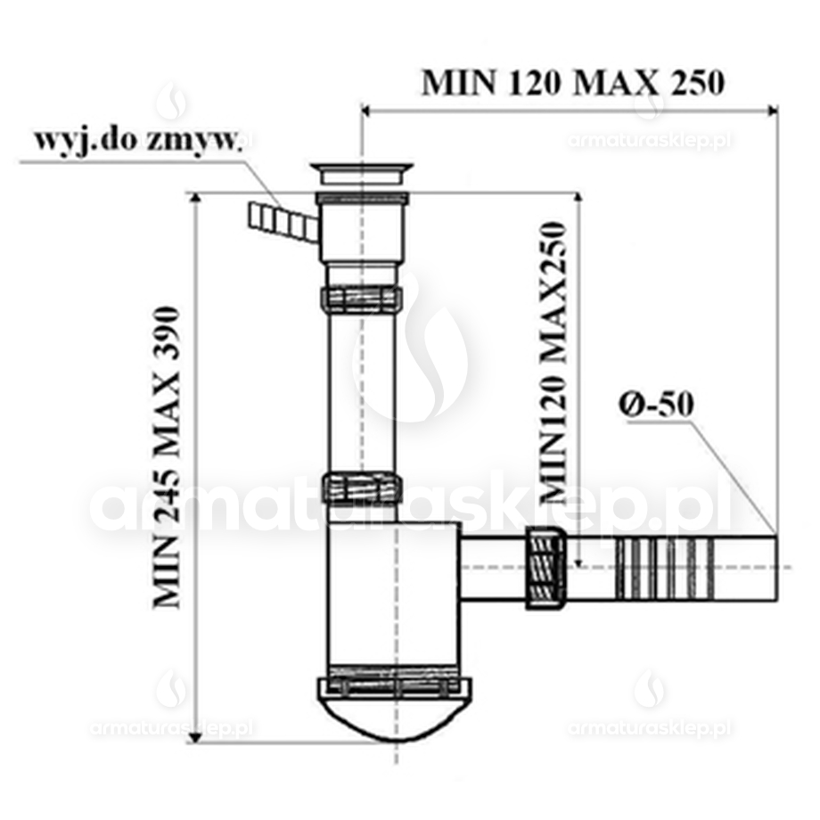 SYFON zlewu fi 50 zlewozmywaka 1-kom sitko 50 mm metalowe przyłącze pralki SYF031