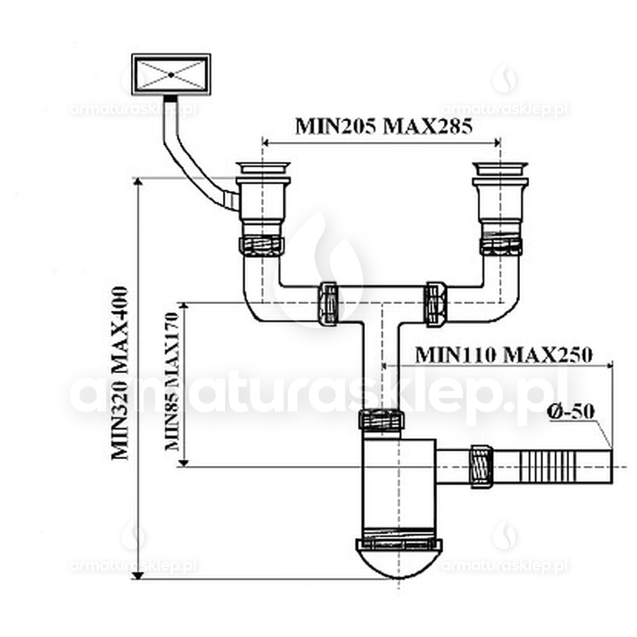 SYFON zlewu fi 50 zlewozmywaka 2-kom sitko 50 mm metalowe przelew SYF038