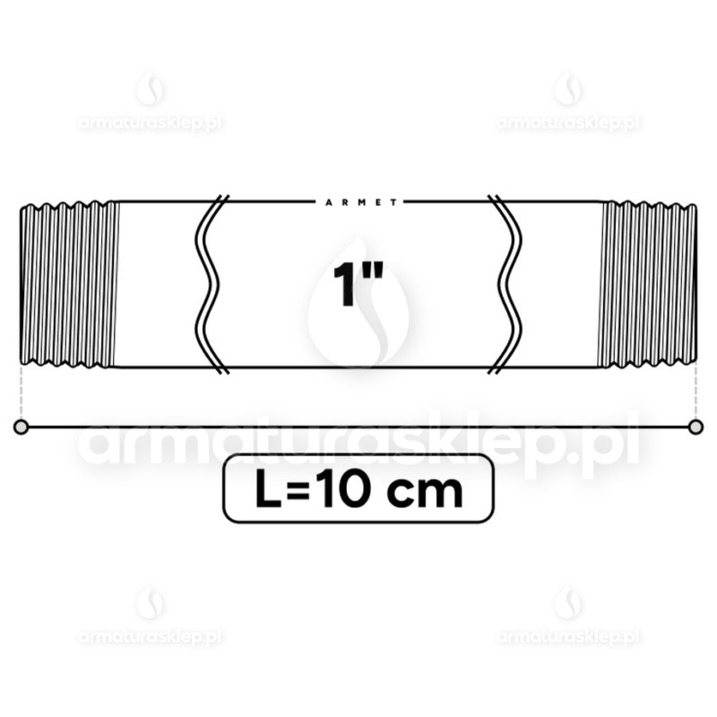 KRÓCIEC stalowy, czarny, gwint dwustronny 1" 10 cm sztucer