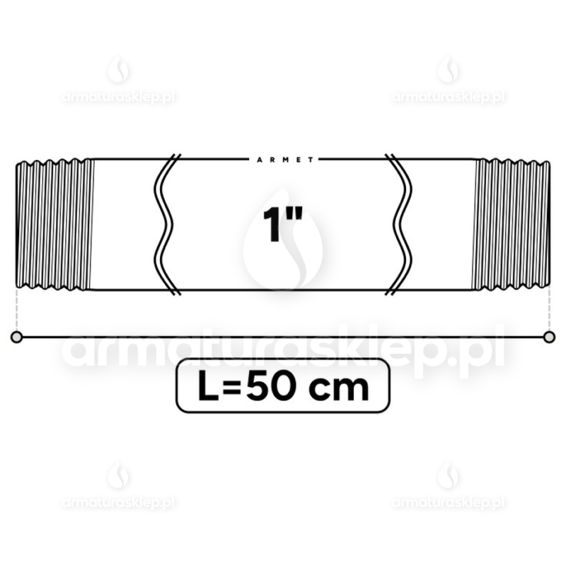 KRÓCIEC stalowy, czarny, gwint dwustronny 1" 50 cm sztucer