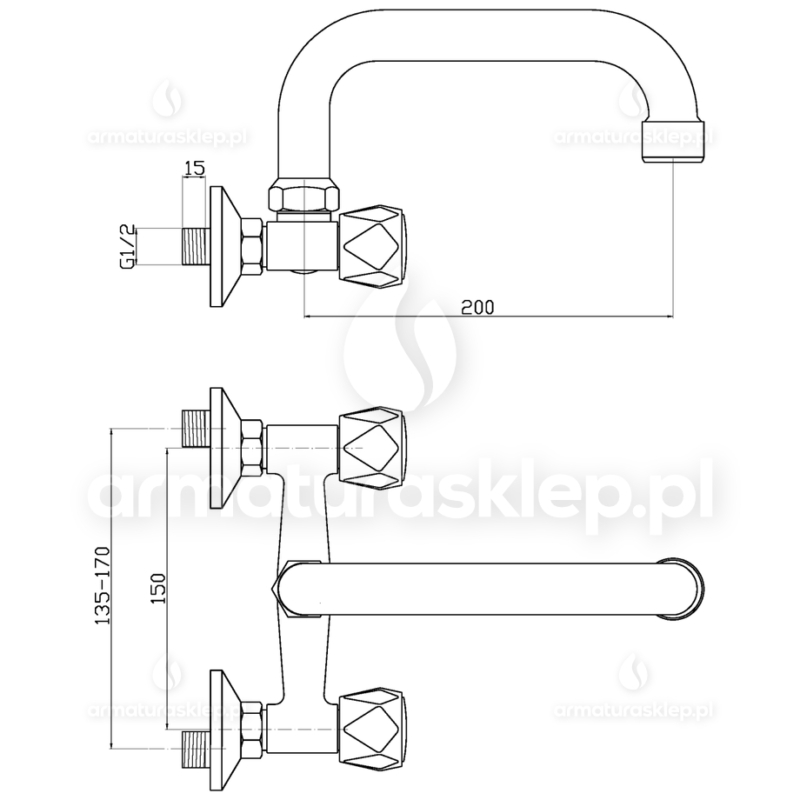 Bateria MODENA umywalkowa/zlewozmywakowa ścienna wylewka U/C 200 mm