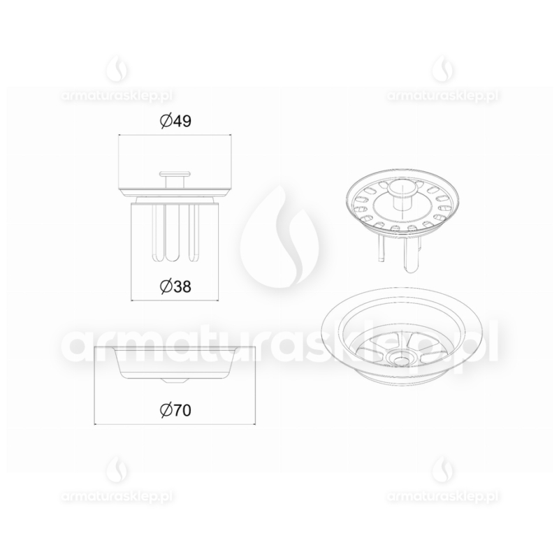 KOREK Spust zlewu sitko do syfonu gardziel + sitko fi 70 mm S2122