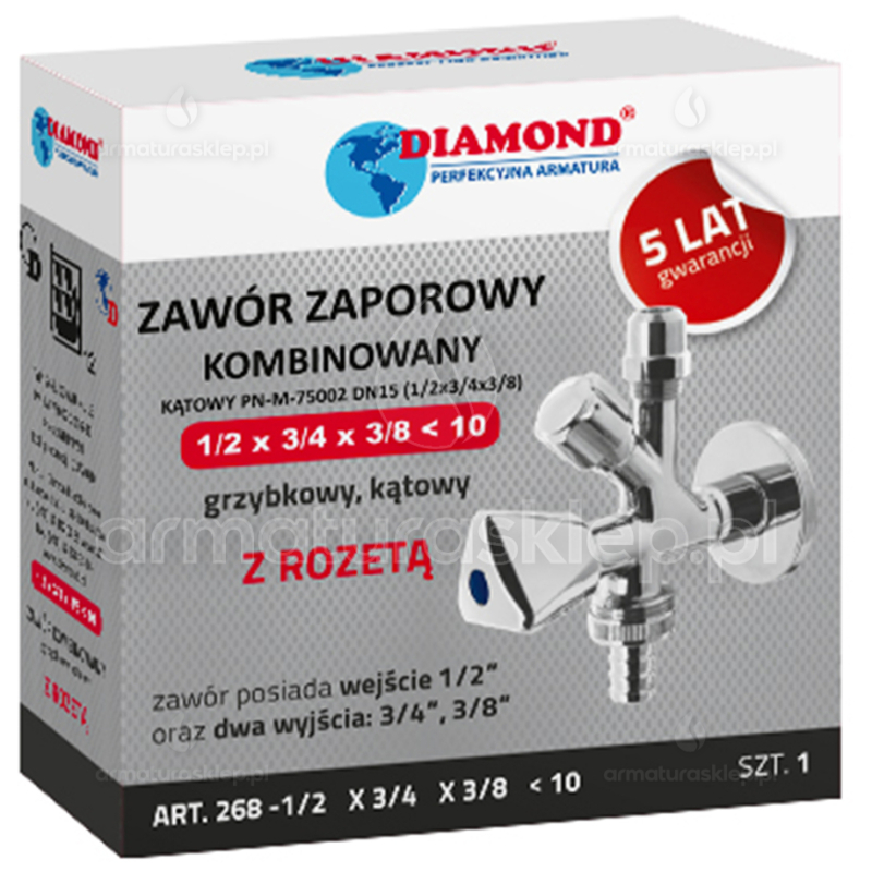 Zawór kątowy kombinowany grzybkowy 1/2x3/4x3/8