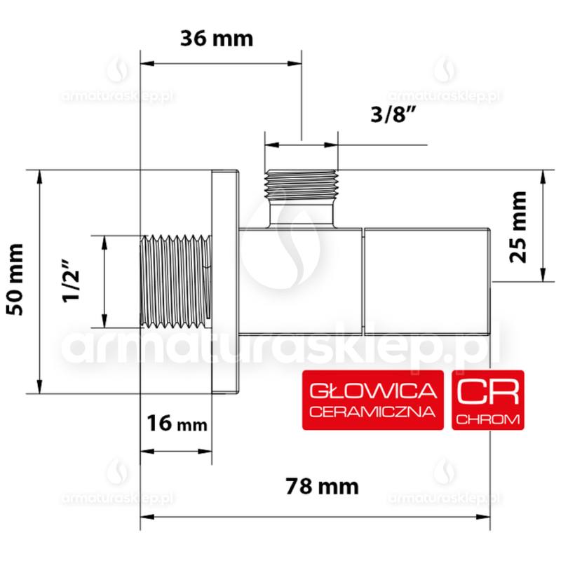 ZAWÓR KĄTOWY kwadrat z głowicą CERAMICZNĄ 1/2x3/8