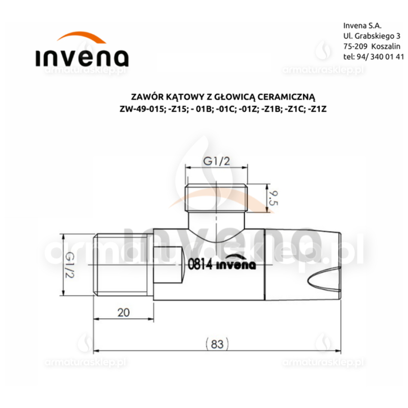 ZAWÓR KĄTOWY z głowicą CERAMICZNĄ 1/2x1/2 BIAŁY