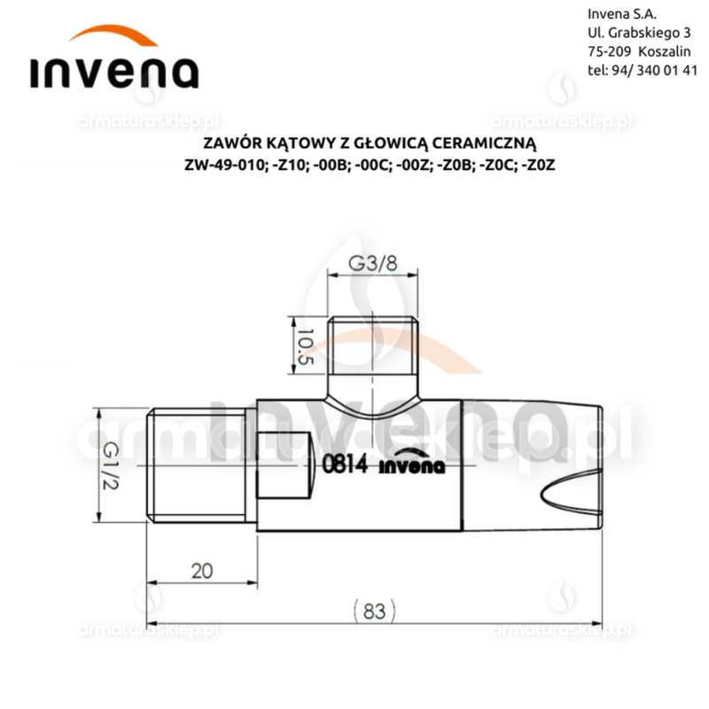 ZAWÓR KĄTOWY z głowicą CERAMICZNĄ 1/2x3/8 BIAŁY