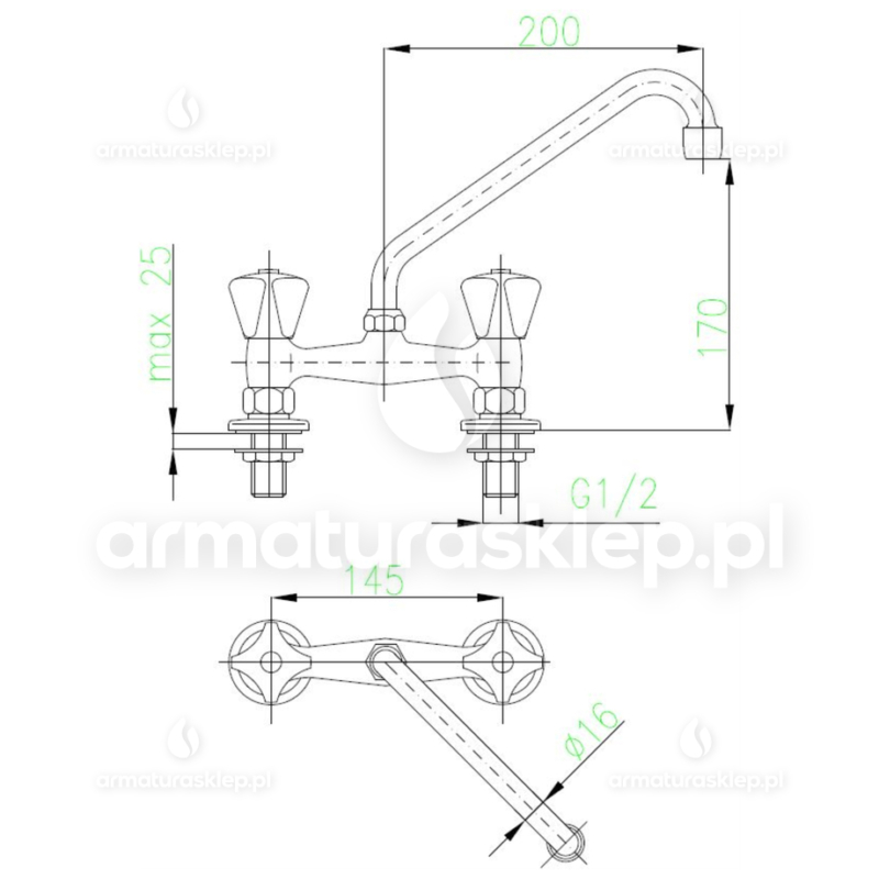Bateria STANDARD zlewozmywakowa stojąca dwuotworowa 145 mm wylewka 200